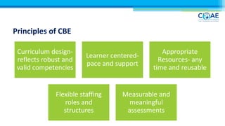 Principles of CBE
Curriculum design-
reflects robust and
valid competencies
Learner centered-
pace and support
Appropriate
Resources- any
time and reusable
Flexible staffing
roles and
structures
Measurable and
meaningful
assessments
 