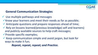 General Communication Strategies
ü Use multiple pathways and messages
üKnow your learners and meet their needs as far as possible;
ü Anticipate questions and prepare responses ahead of time;
ü Rely on lessons learned/previous knowledge( self and learners)
and publicly available sources to help craft messages;
üProvide specific examples;
ü Keep communication simple and avoid jargon, but look for
ways to make it fun;
Repeat, repeat, repeat; and Practice.
 