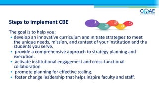 Steps to implement CBE
The goal is to help you:
• develop an innovative curriculum and initiate strategies to meet
the unique needs, mission, and context of your institution and the
students you serve.
• provide a comprehensive approach to strategy planning and
execution.
• activate institutional engagement and cross-functional
collaboration
• promote planning for effective scaling.
• foster change leadership that helps inspire faculty and staff.
 