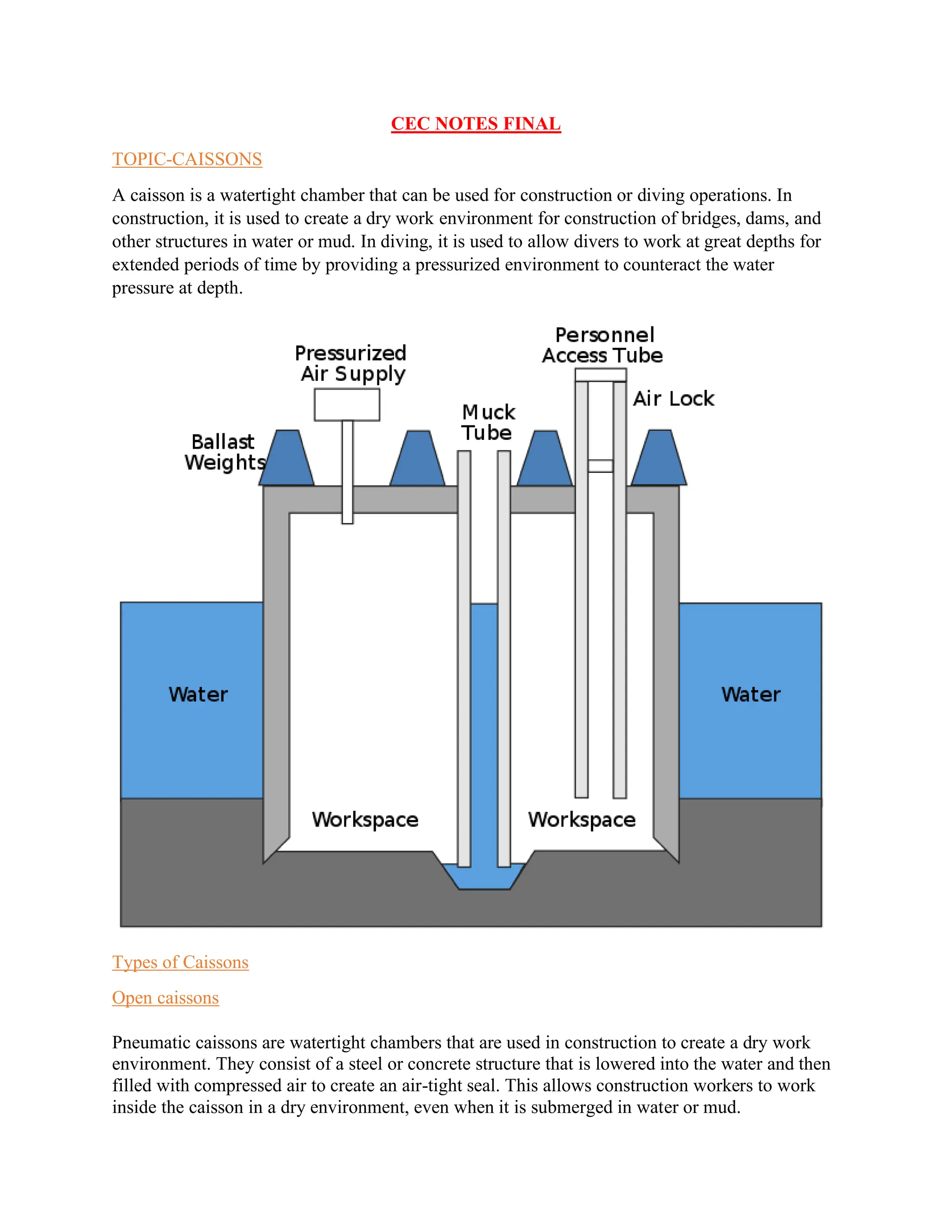 CEC NOTES FINAL
TOPIC-CAISSONS
A caisson is a watertight chamber that can be used for construction or diving operations. In
construction, it is used to create a dry work environment for construction of bridges, dams, and
other structures in water or mud. In diving, it is used to allow divers to work at great depths for
extended periods of time by providing a pressurized environment to counteract the water
pressure at depth.
Types of Caissons
Open caissons
Pneumatic caissons are watertight chambers that are used in construction to create a dry work
environment. They consist of a steel or concrete structure that is lowered into the water and then
filled with compressed air to create an air-tight seal. This allows construction workers to work
inside the caisson in a dry environment, even when it is submerged in water or mud.
 