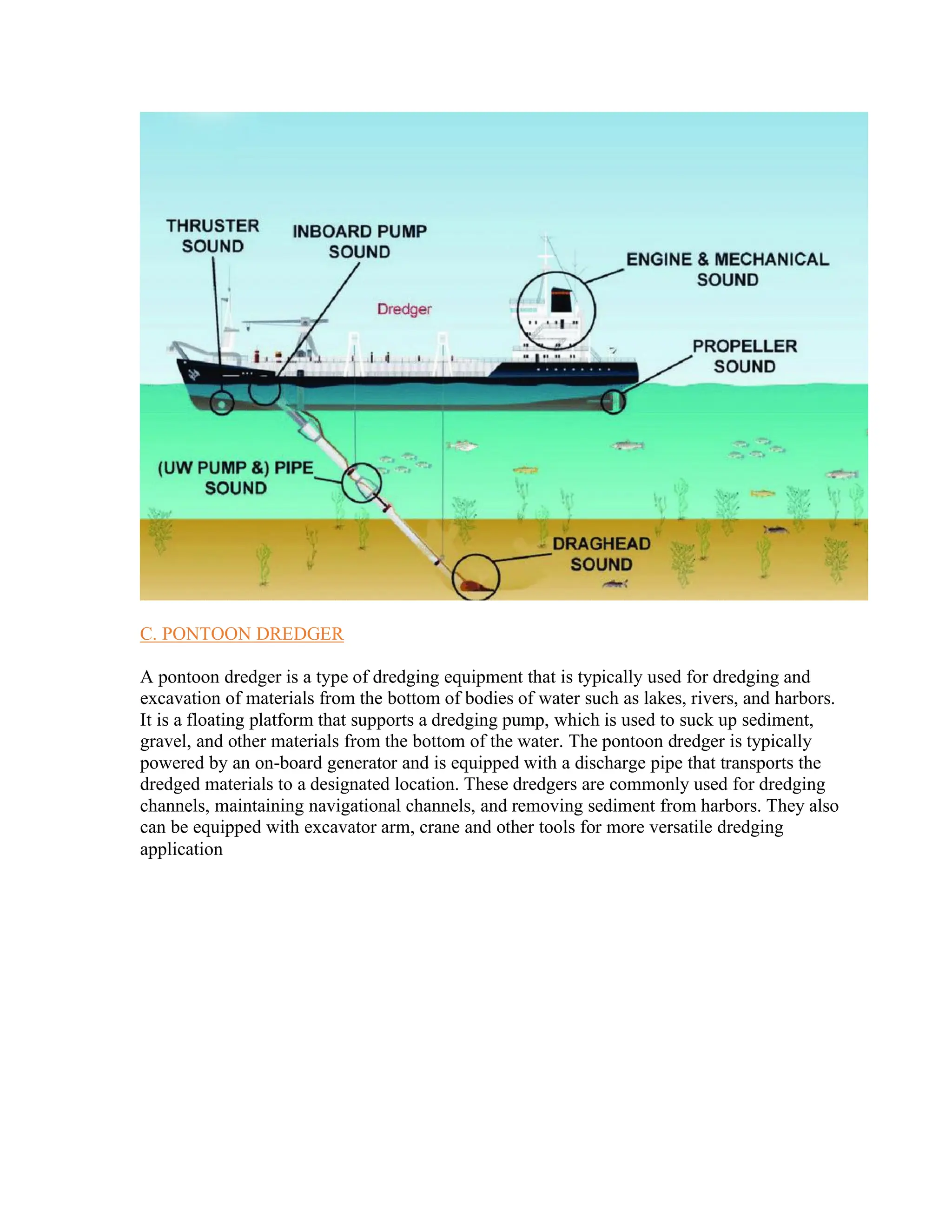 C. PONTOON DREDGER
A pontoon dredger is a type of dredging equipment that is typically used for dredging and
excavation of materials from the bottom of bodies of water such as lakes, rivers, and harbors.
It is a floating platform that supports a dredging pump, which is used to suck up sediment,
gravel, and other materials from the bottom of the water. The pontoon dredger is typically
powered by an on-board generator and is equipped with a discharge pipe that transports the
dredged materials to a designated location. These dredgers are commonly used for dredging
channels, maintaining navigational channels, and removing sediment from harbors. They also
can be equipped with excavator arm, crane and other tools for more versatile dredging
application
 