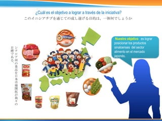 ¿Cuál es el objetivo a lograr a través de la iniciativa?
     このイニシアチブを通じての成し遂げる目的は、一体何でしょうか




                                                            Nuestro objetivo es lograr
                                                           posicionar los productos
目シ                                                         sinaloenses del sector
標ナ                                                         alimento en el mercado
でロ
あア                                                         japonés.
る州
。の
 食
 品
 を
 日
 本
 市
 場
 開
 拓
 が
 我
 々
 の
 