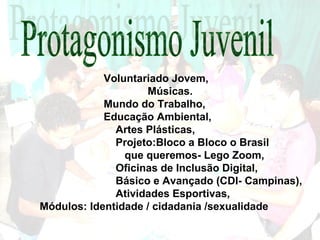 Voluntariado Jovem,
Músicas.
Mundo do Trabalho,
Educação Ambiental,
Artes Plásticas,
Projeto:Bloco a Bloco o Brasil
que queremos- Lego Zoom,
Oficinas de Inclusão Digital,
Básico e Avançado (CDI- Campinas),
Atividades Esportivas,
Módulos: Identidade / cidadania /sexualidade
 