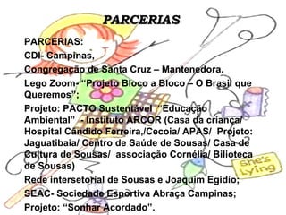 PARCERIASPARCERIAS
PARCERIAS:
CDI- Campinas,
Congregação de Santa Cruz – Mantenedora.
Lego Zoom- “Projeto Bloco a Bloco – O Brasil que
Queremos”;
Projeto: PACTO Sustentável “Educação
Ambiental” - Instituto ARCOR (Casa da criança/
Hospital Cândido Ferreira,/Cecoia/ APAS/ Projeto:
Jaguatibaia/ Centro de Saúde de Sousas/ Casa de
Cultura de Sousas/ associação Cornélia/ Bilioteca
de Sousas)
Rede intersetorial de Sousas e Joaquim Egidío;
SEAC- Sociedade Esportiva Abraça Campinas;
Projeto: “Sonhar Acordado”.
 