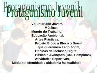 Voluntariado Jovem,
Músicas.
Mundo do Trabalho,
Educação Ambiental,
Artes Plásticas,
Projeto:Bloco a Bloco o Brasil
que queremos- Lego Zoom,
Oficinas de Inclusão Digital,
Básico e Avançado (CDI- Campinas),
Atividades Esportivas,
Módulos: Identidade / cidadania /sexualidade
 