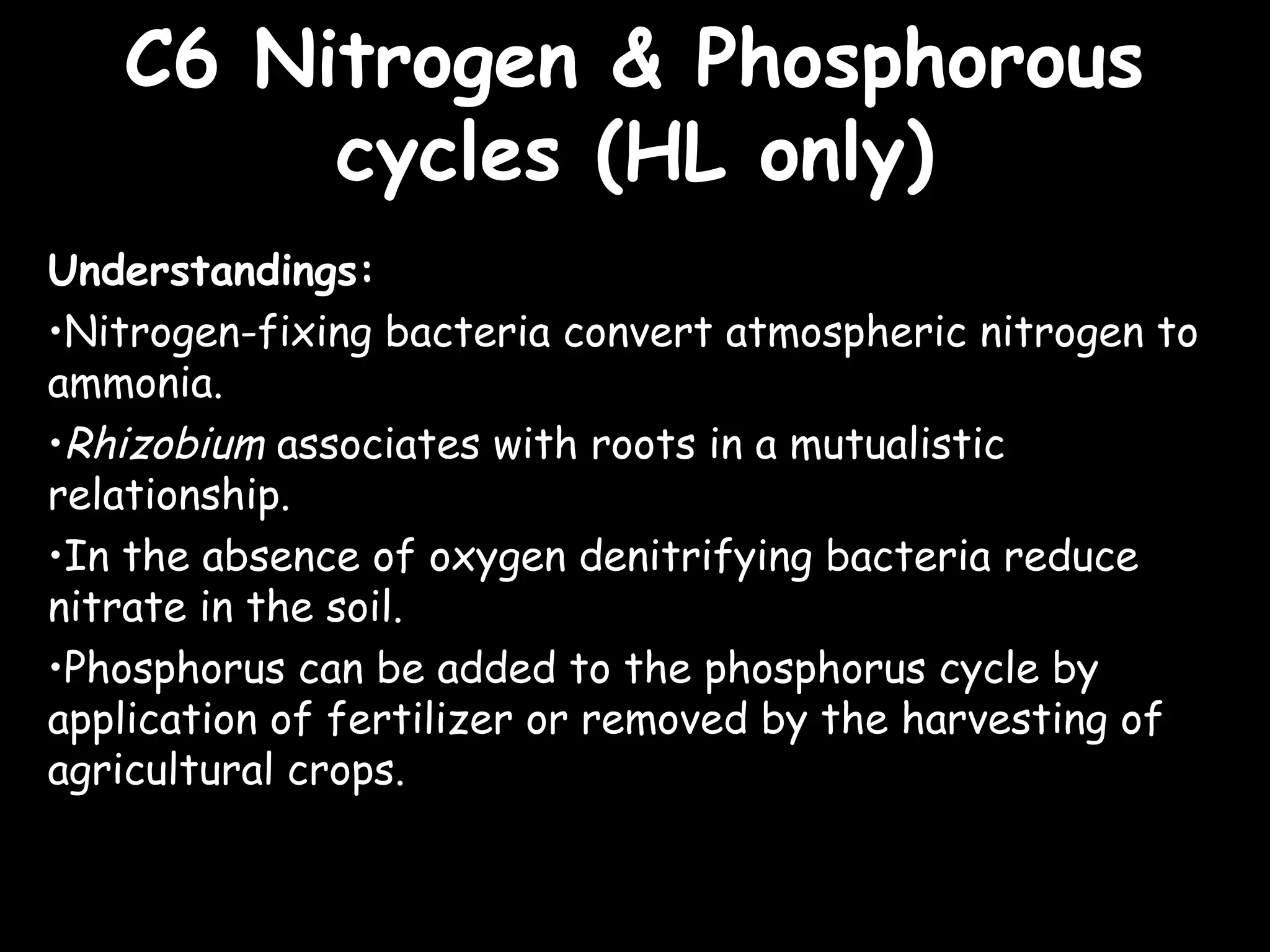 C6 Nitrogen & PhosphorousC6 Nitrogen & Phosphorous
cycles (HL only)cycles (HL only)
Understandings:
•Nitrogen-fixing bacteria convert atmospheric nitrogen to
ammonia.
•Rhizobium associates with roots in a mutualistic
relationship.
•In the absence of oxygen denitrifying bacteria reduce
nitrate in the soil.
•Phosphorus can be added to the phosphorus cycle by
application of fertilizer or removed by the harvesting of
agricultural crops.
 