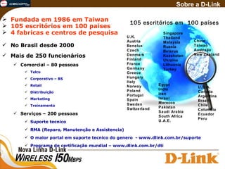 Fundada em 1986 em Taiwan 105 escritórios em 100 paises 4 fabricas e centros de pesquisa No Brasil desde 2000 Mais de 250 funcionários Comercial – 80 pessoas Telco Corporativo – BS Retail Distribuição Marketing Treinamento Serviços – 200 pessoas Suporte tecnico RMA (Reparo, Manutenção e Assistencia) O maior portal em suporte tecnico do genero  - www.dlink.com.br/suporte Programa de certificação mundial – www.dlink.com.br/dti Sobre a D-Link U.K. Austria Benelux Czech Denmark Finland France Germany Greece Hungary Italy Norway Poland Portugal Spain Sweden Switzerland Egypt India Iran Israel Morocco Pakistan Saudi Arabia South Africa U.A.E. Singapore Thailand Malaysia Russia Belarus Kazakstan Ukraine Lithuania Turkey China Taiwan Australia New Zealand U.S.A. Canada Argentina Brazil Chile Columbia Ecuador Peru 105 escritórios em  100 países 