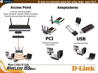 Access Point Cria as comunicações para conectar outros Hosts wireless dentro de sua área de cobertura. O que eu preciso para ter uma rede  sem fio?  Adaptadores USB Universal Serial Bus   PCI Peripheral Component Interconnect  