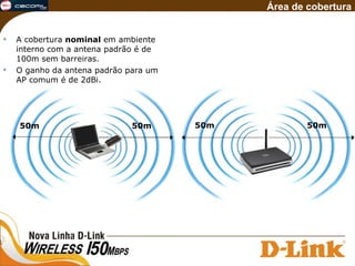 A cobertura  nominal  em ambiente interno com a antena padrão é de 100m sem barreiras. O ganho da antena padrão para um AP comum é de 2dBi. 50m 50m Área de cobertura 50m 50m 