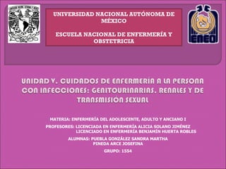 UNIVERSIDAD NACIONAL AUTÓNOMA DE
               MÉXICO

   ESCUELA NACIONAL DE ENFERMERÍA Y
             OBSTETRICIA




 MATERIA: ENFERMERÍA DEL ADOLESCENTE, ADULTO Y ANCIANO I
PROFESORES: LICENCIADA EN ENFERMERÍA ALICIA SOLANO JIMÉNEZ
            LICENCIADO EN ENFERMERÍA BENJAMÍN HUERTA ROBLES
        ALUMNAS: PUEBLA GONZÁLEZ SANDRA MARTHA
                  PINEDA ARCE JOSEFINA
                      GRUPO: 1554
 