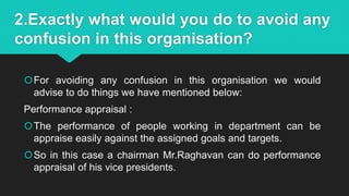 2.Exactly what would you do to avoid any
confusion in this organisation?
For avoiding any confusion in this organisation we would
advise to do things we have mentioned below:
Performance appraisal :
The performance of people working in department can be
appraise easily against the assigned goals and targets.
So in this case a chairman Mr.Raghavan can do performance
appraisal of his vice presidents.
 