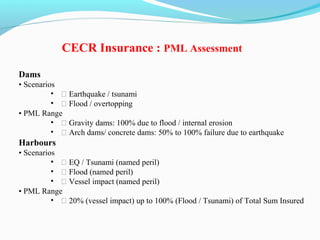 Dams
• Scenarios
• ƒ Earthquake / tsunami
• ƒ Flood / overtopping
• PML Range
• ƒ Gravity dams: 100% due to flood / internal erosion
• ƒ Arch dams/ concrete dams: 50% to 100% failure due to earthquake
Harbours
• Scenarios
• ƒ EQ / Tsunami (named peril)
• ƒ Flood (named peril)
• ƒ Vessel impact (named peril)
• PML Range
• ƒ 20% (vessel impact) up to 100% (Flood / Tsunami) of Total Sum Insured
CECR Insurance : PML Assessment
 
