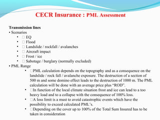 Transmission lines
• Scenarios
• ƒ EQ
• ƒ Flood
• ƒ Landslide / rockfall / avalanches
• ƒ Aircraft impact
• ƒ Frost / ice
• ƒ Sabotage / burglary (normally excluded)
• PML Range
• ƒPML calculation depends on the topography and as a consequence on the
landslide / rock fall / avalanche exposure. The destruction of a section of
500 m and some domino effect leads to the destruction of 1000 m. The PML
calculation will be done with an average price plus “ROD”.
• ƒIn function of the local climate situation frost and ice can lead to a too
heavy load and to a collapse with the consequence of 100% loss.
• ƒA loss limit is a must to avoid catastrophic events which have the
possibility to exceed calculated PML’s.
• ƒDepending on the cover up to 100% of the Total Sum Insured has to be
taken in consideration
CECR Insurance : PML Assessment
 