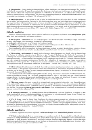 ANNEXE A   : ÉLABORATION DE DESCRIPTEURS DE COMPÉTENCE


    N° 2 Commission : il s’agit d’un petit groupe d’experts, entouré d’un groupe plus important de consultants. Les ébauches
font l’objet de commentaires de la part des consultants. Ces derniers peuvent fonctionner intuitivement sur la base de leur expé-
rience et/ou sur la base de la comparaison d’apprenants ou d’échantillons de performances. Les faiblesses des échelles du pro-
gramme d’apprentissage des langues vivantes dans les écoles secondaires produites par des Commissions au Royaume-Uni et
en Australie sont commentées par Gipps (1994) et Scarino (1996/1997).

    N° 3 Expérimentation : un petit groupe de gens se réunit en commission (mais la procédure prend un temps considérable
dans le cadre d’une institution et/ou d’un contexte d’évaluation spécifique avant que se développe un « consensus maison »)
afin de parvenir à une même compréhension des niveaux et des critères. L’expérimentation systématique et le feed-back peu-
vent permettre ensuite un affinement de la formulation. Des groupes d’évaluateurs peuvent discuter des performances en regard
des définitions, et des définitions en regard des échantillons de performances. C’est de cette façon qu’ont été traditionnellement
élaborées les échelles de compétence ; Wilds, 1975 ; Ingram, 1985 ; Liskin-Gasparro, 1984 ; Lowe, 1985/1986.

Méthodes qualitatives
    Toutes ces méthodes impliquent des ateliers de travail réduits avec des groupes d’informateurs et une interprétation quali-
tative plutôt que statistique des informations recueillies.

   N° 4 Concept-clé : formulation. Une fois que l’on dispose d’une ébauche d’échelle, une technique simple consiste à la
découper et à demander à des informateurs représentatifs des utilisateurs
a. de classer les définitions dans ce qu’ils jugent être l’ordre convenable
b. de justifier ce jugement puis, une fois révélée la différence entre l’ordre qu’ils ont choisi et l’ordre prévu
c. d’identifier quels sont les points clés qui les ont aidés ou embrouillés.
   On peut quelquefois raffiner en supprimant un niveau et en donnant une tâche secondaire là où la distance entre deux niveaux
révèle la suppression d’un niveau entre les deux. Les échelles de certification des Eurocentres ont été élaborées ainsi.

    N° 5 Concept-clé : performances. On apparie les descripteurs et des performances types dans le cadre de chaque niveau
afin d’assurer la cohérence entre ce qui a été décrit et ce qui s’est passé. Quelques-uns des Guides de l’examinateur de
Cambridge font passer les professeurs par ces opérations en comparant la formulation des échelles aux notes attribuées à un cer-
tain nombre de copies. Les descripteurs de l’International English Language Testing System (IELTS) ont été élaborés en deman-
dant à des groupes de correcteurs expérimentés d’identifier des « échantillons de copies-clés » pour chaque niveau et de se
mettre d’accord sur les « points-clés » de chaque copie ; les traits considérés comme caractéristiques de niveaux différents sont
alors identifiés au cours de discussions et entrent dans les descripteurs ; Alderson, 1991 ; Shohamy et al., 1992.

    N° 6 Trait primaire. Des informateurs individuels classent des productions (généralement écrites), puis se négocie un clas-
sement commun. Le principe selon lequel les écrits ont été effectivement triés est alors identifié et décrit pour chaque niveau –
en prenant soin de mettre en évidence les traits marquants de chaque niveau. Ce que l’on a décrit, c’est le trait (construct) qui
détermine le classement (Mullis, 1980).
    Une variante courante consiste à trier en piles plutôt que selon le rang. Il existe aussi une variante multidimensionnelle inté-
ressante de l’approche classique. On y détermine d’abord quels sont les traits les plus significatifs par l’identification des
concepts-clés (n° 5 ci-dessus). On met ensuite les échantillons en ordre pour chaque trait séparément. On a ainsi, à la fin, une
échelle analytique à traits multiples plutôt qu’une échelle globale avec un trait principal.

     N° 7 Décisions binaires. Une autre variante de la méthode fondée sur un trait principal consiste à trier d’abord les échan-
tillons représentatifs en piles par niveaux. On identifie ensuite les concepts-clés (comme au n° 5 ci-dessus) au cours d’un débat
focalisé sur la limite entre les niveaux. Cependant, le trait en question est alors formulé comme une brève question critériée de
type Oui/Non. On construit ainsi une arborescence de choix binaires. Cette méthode fournit à l’examinateur un algorithme de
décisions à suivre (Upshur et Turner, 1995).

   N° 8 Jugements comparatifs. Des groupes discutent deux performances et explicitent laquelle est la meilleure et pour
quelles raisons afin de repérer le métalangage utilisé par les correcteurs et les traits marquants de chaque niveau. Ces traits peu-
vent alors apparaître dans les descripteurs (Pollitt et Murray, 1996).

    N° 9 Tri de tâches. Lorsqu’on dispose d’une ébauche des descripteurs, on peut demander aux informateurs de les classer
selon les catégories et/ou les niveaux qu’ils sont censés décrire. On peut également demander aux informateurs de commenter
les façons possibles d’ajuster, amender et/ou de rejeter les descripteurs et d’identifier ceux qui sont particulièrement clairs, utiles,
pertinents, etc. Le fonds de descripteurs d’où ont été extraites les échelles illustratives a été élaboré, sélectionné et préparé de
cette manière (Smith et Kendall, 1963 ; North, 1996/2000).

Méthodes quantitatives
   Ces méthodes supposent une quantité importante d’analyse statistique et une interprétation prudente des résultats.

    N° 10 Analyse discriminante. Dans un premier temps, on soumet à une analyse de discours détaillée un échantillon de per-
formances qui ont déjà été notées (de préférence par un groupe). Cette analyse qualitative identifie l’incidence de différents traits
qualitatifs et en fait le décompte. On utilise alors la régression multiple afin de décider lesquels des traits identifiés sont signi-
ficatifs en ce qu’ils déterminent apparemment la note attribuée par les examinateurs. Ces traits-clés entrent alors dans la for-
mulation des descripteurs à chaque niveau (Fulcher, 1996).

                                                                  151
 
