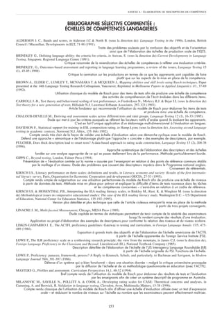 ANNEXE A   : ÉLABORATION DE DESCRIPTEURS DE COMPÉTENCE


                                     BIBLIOGRAPHIE SÉLECTIVE COMMENTÉE :
                                    ÉCHELLES DE COMPÉTENCES LANGAGIÈRES

ALDERSON J. C., Bands and scores, in Alderson J.C & North B. (sous la direction de): Language Testing in the 1990s, London, British
Council / Macmillan, Developments in ELT, 71-86 (1991).
                                                             Traite des problèmes soulevés par la confusion des objectifs et de l’orientation
                                                                      ainsi que de l’élaboration des échelles de production orale de l’IELTS.
BRINDLEY G., Defining language ability: the criteria for criteria, in Anivan, S. (sous la direction de) Current Developments in Language
Testing, Singapore, Regional Language Centre (1991).
                                    Critique raisonnée de la revendication des échelles de compétences à refléter une évaluation critériée.
BRINDLEY, G., Outcomes-based assessment and reporting in language learning programmes, a review of the issues, Language Testing 15
(1), 45-85 (1998).
                                      Critique la centration sur les productions en termes de ce que les apprenants sont capables de faire
                                                                          plutôt que sur les aspects de la mise en place de la compétence.
BROWN A., ELDER C., LUMLEY T., MCNAMARA T. & MCQUEEN J., Mapping abilities and skill levels using Rasch techniques, Paper
presented at the 14th Language Testing Research Colloquium, Vancouver, Reprinted in Melbourne Papers in Applied Linguistics 1/1, 37-69
(1992).
                             Utilisation classique du modèle de Rasch pour des items de tests afin de produire une échelle de compétence
                                                               des activités de compréhension de l’écrit évaluées dans les différents items.
CARROLL J.-B., Test theory and behavioural scaling of test performance, in Frederiksen N., Mislevy R.J. & Bejar I.I. (sous la direction de)
Test theory for a new generation of tests, Hillsdale N.J. Lawrence Erlbaum Associates, 297-323 (1993).
                                       Article fondateur qui recommande l’utilisation du modèle de Rasch pour étalonner les items de tests
                                                                                            et produire ainsi une échelle de compétence.
CHALOUB-DEVILLE M., Deriving oral assessment scales across different tests and rater groups, Language Testing 12 (1), 16-33 (1995).
                       Étude qui met à jour les critères auxquels se réfèrent les locuteurs natifs d’arabe quand ils évaluent les apprenants.
                                          C’est en fait l’unique application d’un étalonnage multi-dimensionnel à l’évaluation en langues.
DAVIDSON F., Statistical support for training in ESL composition rating, in Hamp-Lyons (sous la direction de), Assessing second language
writing in academic contexts, Norwood N.J. Ablex, 155-166 (1992).
        Compte rendu très clair de la façon de valider une échelle d’évaluation selon une démarche cyclique avec le modèle de Rasch.
   Défend une approche « sémantique » de l’étalonnage plutôt que l’approche « concrète » des exemples de descripteurs, par exemple.
FULCHER, Does thick description lead to smart tests? A data-based approach to rating scale construction, Language Testing 13 (2), 208-38
(1996).
                                                               Approche systématique de l’élaboration des descripteurs et des échelles
              fondée sur une analyse appropriée de ce qui se passe réellement lors de la performance. Méthode particulièrement lourde.
GIPPS C., Beyond testing, London, Falmer Press (1994).
     Présentation de « l’évaluation centrée sur la norme » assurée par l’enseignant en relation à des points de référence communs établis
           par le maillage d’un réseau. Étude des problèmes que causent des descripteurs imprécis dans le Programme national anglais.
                                                                                                                Croisement de référentiels.
KIRSCH I.S., Literacy performance on three scales: definitions and results, in Literacy, economy and society: Results of the first internatio-
nal literacy survey, Paris, Organisation for Economic Cooperation and development (OECD), 27-53 (1995).
     Compte rendu simple de vulgarisation sur une utilisation perfectionnée du modèle de Rasch afin de produire une échelle de niveaux
     à partir de données de tests. Méthode mise en place pour prévoir et expliquer la difficulté d’items de tests nouveaux dans les tâches
                                                        et les compétences concernées – c’est-à-dire en relation à un cadre de référence.
KIRSCH I.S. & MOSENTHAL P.B., Interpreting the IEA reading literacy scales, in Binkley M., Rust. K. & Wingleee M. (sous la direction
de) Methodological issues in comparative educational studies: The case of the IEA reading literacy study, Washington D.C. – US Department
of Education, National Center for Education Statistics, 135-192 (1995).
                           Version plus détaillée et plus technique que celle de l’article ci-dessus retraçant la mise en place de la méthode
                                                                                                          à partir de trois projets convergents.
LINACRE J. M., Multi-faceted Measurement, Chicago, MESA Press (1989).
                                      Étude capitale en termes de statistiques permettant de tenir compte de la sévérité des examinateurs
                                                                                  lorsqu’ils rendent compte des résultats d’une évaluation.
          Application au projet d’élaboration des exemples de descripteurs pour confronter la relation des niveaux et du niveau scolaire.
LISKIN-GASPARRO J. E., The ACTFL proficiency guidelines: Gateway to testing and curriculum, in Foreign Language Annals 17/5, 475-
489 (1984).
                                             Exposition à grands traits des objectifs et de l’élaboration de l’échelle américaine de l’ACTFL
                                                                         à partir de l’échelle apparentée du Foreign Service Institute (FSI).
LOWE P., The ILR proficiency scale as a synthesising research principle: the view from the mountain, in James C.J. (sous la direction de),
Foreign Language Proficiency in the Classroom and Beyond, Lincolnwood (Ill.), National Textbook Company (1985).
                                          Description détaillée de l’élaboration de l’échelle de l’US Interagency Language Roundtable (ILR)
                                                                                à partir de l’échelle originelle du FSI. Fonctions de l’échelle.
LOWE P., Proficiency: panacea, framework, process? A Reply to Kramsch, Schulz, and particularly, to Bachman and Savignon, in Modern
Language Journal 70/4, 391-397 (1986).
                     Défense d’un système qui a bien fonctionné – dans une situation donnée – malgré la critique universitaire provoquée
                                          par la diffusion de l’échelle et de sa méthodologie questionnante en éducation (avec l’ACTFL).
MASTERS G., Profiles and assessment. Curriculum Perspectives 14,1, 48-52 (1994).
                                 Bref compte rendu de l’utilisation du modèle de Rasch pour étalonner des résultats de tests et l’évaluation
                                                      par les enseignants afin de créer un système descriptif de programme en Australie.
MILANOVIC M., SAVILLE N., POLLITT A. & COOK A., Developing rating scales for CASE: Theoretical concerns and analyses, in
Cumming, A. and Berwick, R. Validation in language testing, Clevedon, Avon, Multimedia Matters, 15-38 (1996).
     Compte rendu classique de l’utilisation du modèle de Rasch afin d’affiner une échelle d’évaluation utilisée avec un test d’expression
               orale – et réduisant le nombre de niveaux sur l’échelle au nombre que les examinateurs peuvent effectivement maîtriser.



                                                                     153
 