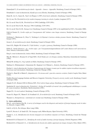 UN CADRE EUROPÉEN COMMUN DE RÉFÉRENCE POUR LES LANGUES    – APPRENDRE, ENSEIGNER, ÉVALUER


Dannerfjord T., Et taerskelniveau for dansk – Appendix – Annexe – Appendiks, Strasbourg, Council of Europe (1983).

Efstathiadis S. (sous la direction de), Katofli gia ta nea Ellenika, Strasbourg, Council of Europe (1998).

Ehala M., Liiv S., Saarso K., Vare S. & Õispuu J. (1997), Eesti keele suhtluslävi, Strasbourg, Council of Europe (1998).

Ek J.A.van, The Threshold Level for modern language learning in schools, London, Longman (1977).

Ek J.A.van & Trim J.L.M., Threshold Level 1990, Cambridge, CUP (1991).

Ek J.A.van & Trim J.L.M., Waystage 1990, Cambridge, CUP (1991).

Ek J.A.van & Trim J.L.M., Vantage level, Strasbourg, Council of Europe (1997, to be republished by CUP c. November 2000).

Galli de Paratesi N., Livello soglia per l’insegnamento dell’ italiano come lingua straniera, Strasbourg, Council of Europe
(1981).

Grinberga I., Martinsone G., Piese V., Veisberga A. & Zuicena I, Latviesu valodas prasmes limenis, Strasbourg, Council of
Europe (1997).




                                                                     )
Jessen J., Et taerskelniveau for dansk, Strasbourg, Council of Europe (1983).

Jones G.E., Hughes M. & Jones D., Y lefel drothwy : ar gyfer y gymraeg, Strasbourg, Council of Europe (1996).

Kallas E., Yatabi lebaaniyyi : un « livello sogla » per l’insegnamento/apprendimento dell’ arabo libanese nell’ universitá ita-
liana, Venezia, Cafoscarina (1990).

King A. (sous la direction de), Atalase Maila, Strasbourg, Council of Europe (1988).

Mas M., Melcion J., Rosanas R. & Vergé M.H., Nivell llindar per a la llengua catalana, Barcelona, Generalitat de Catalunya
(1992).

Mifsud M. & Borg A.J., Fuq l-ghatba tal-Malti, Strasbourg, Council of Europe (1997).

Narbutas E., Pribuöauskaite J., Ramoniene M., Skapiene S. & Vilkiene L., Slenkstis, Strasbourg, Council of Europe (1997).

Porcher L. (sous la direction de), Systèmes d’apprentissage des langues vivantes par les adultes (option travailleurs migrants) :
Un niveau-seuil intermediaire, Strasbourg, Conseil de l’Europe (1980).

Porcher L., Huart M. et Mariet F., Adaptation de « Un niveau-seuil » pour des contextes scolaires. Guide d’emploi, Paris, Hatier
(1982).

Pushkin Russian Language Institute and Moscow Linguistic University, Porogoviy uroveny russkiy yazik, Strasbourg, Council
of Europe (1966).

Salgado X.A.F., Romero H.M. & Moruxa M.P., Nivel soleira lingua galega, Strasbourg, Council of Europe (1993).

Sandström B. (sous la direction de), Tröskelnivå : förslag till innehåll och metod i den grundläggande utbildningen i svenska
för vuxna invandrare, Stockholm, Skolöverstyrelsen (1981).

Slagter P.J., Un nivel umbral, Strasbourg, Council of Europe (1979).

Svanes B., Hagen J.E., Manne G. & Svindland A.S., Et terskelnivå for norsk, Strasbourg, Council of Europe (1987).

Wynants A., Drempelniveau : nederlands als vreemde taal, Strasbourg, Council of Europe (1985).

b. Autres publications
Hest E. van & Oud-de Glas M., A survey of techniques used in the diagnosis and analysis of foreign language needs in indus-
try, Brussels, Lingua (1990).

Lüdi G. et Py B., Être bilingue, Bern, Lang (1986).

Lynch P., Stevens A. & Sands E.P., The language audit, Milton Keynes, Open University (1993).

Porcher L. et al., Identification des besoins langagiers de travailleurs migrants en France, Strasbourg, Conseil de l’Europe
(1982).

Richterich R. & Chancerel J.-L., Identifying the needs of adults learning a foreign language, Oxford, Pergamon (1980).

Richterich R. et Chancerel J.-L., L’identification des besoins des adultes apprenant une langue étrangère, Paris, Hatier (1981).


                                                              186
 