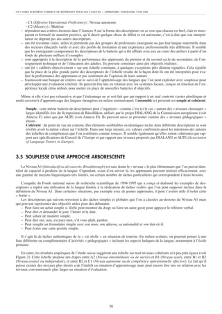 UN CADRE EUROPÉEN COMMUN DE RÉFÉRENCE POUR LES LANGUES      – APPRENDRE, ENSEIGNER, ÉVALUER


        - C1 (Effective Operational Proficiency) : Niveau autonome
        - C2 (Mastery) : Maîtrise
   –   répondent aux critères énoncés dans l’Annexe A sur la forme des descripteurs en ce sens que chacun est bref, clair et trans-
       parent et formulé de manière positive, qu’il décrit quelque chose de défini et est autonome, c’est-à-dire que son interpré-
       tation ne dépend pas des autres descripteurs
   –   ont été reconnus clairs, utiles et pertinents par des groupes de professeurs enseignant ou pas leur langue maternelle dans
       des secteurs éducatifs variés et avec des profils de formation et une expérience professionnelle très différents. Il semble
       que les enseignants comprennent les descripteurs de la batterie qui a été affinée avec eux au cours des ateliers à partir d’un
       fonds de plusieurs milliers d’exemples
   –   sont appropriés à la description de la performance des apprenants du premier et du second cycle du secondaire, de l’en-
       seignement technique et de l’éducation des adultes. Ils peuvent constituer ainsi des objectifs réalistes ;
   –   ont été « calibrés objectivement » sur une échelle commune, à quelques exceptions près dûment signalées. Cela signifie
       que la place de la plus grande partie des descripteurs de l’échelle résulte de la façon dont ils ont été interprétés pour éva-
       luer la performance des apprenants et pas seulement de l’opinion de leurs auteurs
   –   fournissent une banque de critères sur le suivi de l’apprentissage des langues que l’on peut exploiter avec souplesse pour
       développer une évaluation critériée. Ils peuvent être mis en relation avec les systèmes locaux, conçus en fonction de l’ex-
       périence locale et/ou utilisés pour mettre en place de nouvelles batteries d’objectifs.

   Même si elle n’est pas exhaustive et que l’étalonnage ne se soit fait que par rapport à un seul contexte (certes plurilingue et
multi-sectoriel) d’apprentissage des langues étrangères en milieu institutionnel, l’ensemble ici présenté est souple et cohérent.

       Souple : cette même batterie de descripteurs peut s’organiser – comme c’est ici le cas – autour des « niveaux classiques »
       larges identifiés lors du Symposium de Rüschlikon, utilisés par le projet DIALANG de la Commission européenne (voir
       Annexe C) ainsi que par ALTE (voir Annexe D). Ils peuvent aussi se présenter comme des « niveaux pédagogiques »
       étroits.
       Cohérent : du point de vue du contenu. Des éléments semblables ou identiques inclus dans différents descripteurs se sont
       révélés avoir la même valeur sur l’échelle. Dans une large mesure, ces valeurs confirment aussi les intentions des auteurs
       des échelles de compétences que l’on a utilisées comme sources. Il semble également qu’elles soient cohérentes par rap-
       port aux spécifications du Conseil de l’Europe et par rapport aux niveaux proposés par DIALANG et ALTE (Association
       of Language Testers in Europe).



3.5 SOUPLESSE D’UNE APPROCHE ARBORESCENTE
     Le Niveau A1 (Introductif ou découverte, Breakthrough) est sans doute le « niveau » le plus élémentaire que l’on puisse iden-
tifier de capacité à produire de la langue. Cependant, avant d’en arriver là, les apprenants peuvent réaliser efficacement, avec
une gamme de moyens linguistiques très limités, un certain nombre de tâches particulières qui correspondent à leurs besoins.

    L’enquête du Fonds national suisse de recherche scientifique de 1994-1995 qui a conçu et étalonné les exemples de des-
cripteurs a repéré une utilisation de la langue limitée à la réalisation de tâches isolées que l’on peut supposer incluse dans la
définition du Niveau A1. Dans certaines situations, par exemple avec de jeunes apprenants, il peut s’avérer utile d’isoler cette
« borne ».
    Les descripteurs qui suivent renvoient à des tâches simples et globales que l’on a classées au-dessous du Niveau A1 mais
qui peuvent représenter des objectifs utiles pour des débutants.
    – Peut faire un achat simple si il/elle peut montrer du doigt ou faire un autre geste pour appuyer le référent verbal.
    – Peut dire et demander le jour, l’heure et la date.
    – Peut saluer de manière simple.
    – Peut dire oui, non, excusez-moi, s’il vous plaît, pardon.
    – Peut remplir un formulaire simple avec son nom, son adresse, sa nationalité et son état-civil.
    – Peut écrire une carte postale simple.

    Il s’agit là de tâches authentiques de la « vie réelle » en situation de touriste. En milieu scolaire, on pourrait penser à une
liste différente ou complémentaire d’activités « pédagogiques » incluant les aspects ludiques de la langue, notamment à l’école
primaire.

   En outre, les résultats empiriques de l’étude suisse suggèrent une échelle sur neuf niveaux cohérents et à peu près égaux (voir
Figure 2). Cette échelle propose des étapes entre A2 (Niveau intermédiaire ou de survie) et B1 (Niveau seuil), entre B1 et B2
(Niveau avancé ou indépendant), et entre B2 et C1 (Niveau autonome ou de compétence opérationnelle effective). Le fait qu’il
puisse exister des niveaux plus étroits a de l’intérêt en situation d’apprentissage mais peut encore être mis en relation avec les
niveaux conventionnels plus larges en situation d’évaluation.




                                                                 30
 