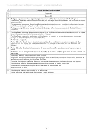 UN CADRE EUROPÉEN COMMUN DE RÉFÉRENCE POUR LES LANGUES     – APPRENDRE, ENSEIGNER, ÉVALUER



                                                 OBTENIR DES BIENS ET DES SERVICES
 C2                                                            Comme B2
 C1                                                            Comme B2
 B2   Peut gérer linguistiquement une négociation pour trouver une solution à une situation conflictuelle telle qu’une
      contravention imméritée, une responsabilité financière pour des dégâts dans un appartement, une accusation en rapport
      avec un accident.
      Peut exposer ses raisons pour obtenir un dédommagement en utilisant un discours convaincant et définissant clairement
      les limites des concessions qu’il/elle est prêt à faire.
      Peut exposer un problème qui a surgi et mettre en évidence que le fournisseur du service ou le client doit faire une
      concession.
 B1   Peut faire face à la majorité des situations susceptibles de se produire au cours d’un voyage ou en préparant un voyage
      ou un hébergement ou en traitant avec des autorités à l’étranger.
      Peut faire face à une situation quelque peu inhabituelle dans un magasin, un bureau de poste ou une banque, par
      exemple en demandant à retourner un achat défectueux.
      Peut formuler une plainte.
      Peut se débrouiller dans la plupart des situations susceptibles de se produire en réservant un voyage auprès d’une
      agence ou lors d’un voyage, par exemple en demandant à un passager où descendre pour une destination non
      familière.
 A2   Peut se débrouiller dans les situations courantes de la vie quotidienne telles que déplacements, logement, repas et
      achats.
      Peut obtenir tous les renseignements nécessaires d’un office de tourisme à condition qu’ils soient de nature simple et non
      spécialisée.
      Peut obtenir et fournir biens et services d’usage quotidien.
      Peut obtenir des renseignements simples sur un voyage, utiliser les transports publics (bus, trains et taxis), demander et
      expliquer un chemin à suivre, ainsi qu’acheter des billets.
      Peut poser des questions et effectuer des transactions simples dans un magasin, un bureau de poste, une banque.
      Peut demander et fournir des renseignements à propos d’une quantité, un nombre, un prix, etc.
      Peut faire un achat simple en indiquant ce qu’il/elle veut et en demandant le prix.
      Peut commander un repas.
 A1   Peut demander quelque chose à quelqu’un ou le lui donner.
      Peut se débrouiller avec les nombres, les quantités, l’argent et l’heure.




                                                                66
 