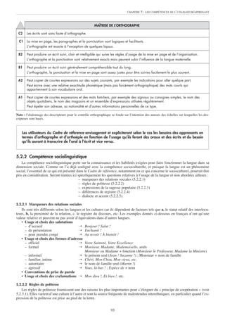 CHAPITRE   5 : LES COMPÉTENCES DE L’UTILISATEUR/APPRENANT



                                                         MAÎTRISE DE L’ORTHOGRAPHE

 C2    Les écrits sont sans faute d’orthographe.

  C1   La mise en page, les paragraphes et la ponctuation sont logiques et facilitants.
       L’orthographe est exacte à l’exception de quelques lapsus.

 B2    Peut produire un écrit suivi, clair et intelligible qui suive les règles d’usage de la mise en page et de l’organisation.
       L’orthographe et la ponctuation sont relativement exacts mais peuvent subir l’influence de la langue maternelle.

 B1    Peut produire un écrit suivi généralement compréhensible tout du long.
       L’orthographe, la ponctuation et la mise en page sont assez justes pour être suivies facilement le plus souvent.

 A2    Peut copier de courtes expressions sur des sujets courants, par exemple les indications pour aller quelque part.
       Peut écrire avec une relative exactitude phonétique (mais pas forcément orthographique) des mots courts qui
       appartiennent à son vocabulaire oral.

 A1    Peut copier de courtes expressions et des mots familiers, par exemple des signaux ou consignes simples, le nom des
       objets quotidiens, le nom des magasins et un ensemble d’expressions utilisées régulièrement.
       Peut épeler son adresse, sa nationalité et d’autres informations personnelles de ce type.

Note : l’étalonnage des descripteurs pour le contrôle orthographique se fonde sur l’intention des auteurs des échelles sur lesquelles les des-
cripteurs sont basés.



    Les utilisateurs du Cadre de référence envisageront et expliciteront selon le cas les besoins des apprenants en
    termes d’orthographe et d’orthoépie en fonction de l’usage qu’ils feront des oraux et des écrits et du besoin
    qu’ils auront à transcrire de l’oral à l’écrit et vice versa.



5.2.2 Compétence sociolinguistique
    La compétence sociolinguistique porte sur la connaissance et les habiletés exigées pour faire fonctionner la langue dans sa
dimension sociale. Comme on l’a déjà souligné avec la compétence socioculturelle, et puisque la langue est un phénomène
social, l’essentiel de ce qui est présenté dans le Cadre de référence, notamment en ce qui concerne le socioculturel, pourrait être
pris en considération. Seront traitées ici spécifiquement les questions relatives à l’usage de la langue et non abordées ailleurs :
                                            – marqueurs des relations sociales (5.2.2.1)
                                            – règles de politesse (5.2.2.2)
                                            – expressions de la sagesse populaire (5.2.2.3)
                                            – différences de registre (5.2.2.4)
                                            – dialecte et accent (5.2.2.5).

5.2.2.1 Marqueurs des relations sociales
    Ils sont très différents selon les langues et les cultures car ils dépendent de facteurs tels que a. le statut relatif des interlocu-
teurs, b. la proximité de la relation, c. le registre du discours, etc. Les exemples donnés ci-dessous en français n’ont qu’une
valeur relative et peuvent ne pas avoir d’équivalents dans d’autres langues.
    • Usage et choix des salutations
       – d’accueil                          ➝ Bonjour ! Salut !
       – de présentation                    ➝ Enchanté !
       – pour prendre congé                 ➝ Au revoir ! À bientôt !
    • Usage et choix des formes d’adresse
       – officiel                           ➝ Votre Sainteté, Votre Excellence
       – formel                             ➝ Monsieur, Madame, Mademoiselle, seuls
                                                 Monsieur ou Madame + fonction (Monsieur le Professeur, Madame la Ministre)
       – informel                           ➝ le prénom seul (Jean ! Suzanne !) ; Monsieur + nom de famille
       – familier, intime                   ➝ Chéri, Mon Chou, Mon vieux, etc.
       – autoritaire                        ➝ le nom de famille seul (Martin !)
       – agressif                           ➝ Vous, là-bas ! ; Espèce de + nom
    • Conventions de prise de parole
    • Usage et choix des exclamations ➝ Mon dieu !, Et bien !, etc.

5.2.2.2 Règles de politesse
    Les règles de politesse fournissent une des raisons les plus importantes pour s’éloigner du « principe de coopération » (voir
5.2.3.1). Elles varient d’une culture à l’autre et sont la source fréquente de malentendus interethniques, en particulier quand l’ex-
pression de la politesse est prise au pied de la lettre.


                                                                     93
 