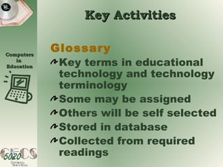 Key Activities Glossary Key terms in educational technology and technology terminology Some may be assigned Others will be self selected Stored in database Collected from required readings 