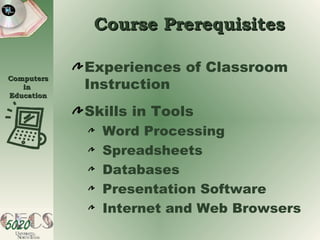 Course Prerequisites Experiences of Classroom Instruction Skills in Tools Word Processing Spreadsheets Databases Presentation Software Internet and Web Browsers 