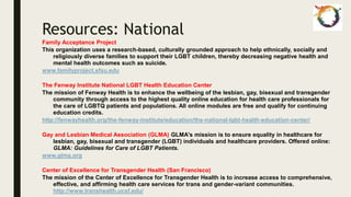 Resources: National
Family Acceptance Project
This organization uses a research-based, culturally grounded approach to help ethnically, socially and
religiously diverse families to support their LGBT children, thereby decreasing negative health and
mental health outcomes such as suicide.
www.familyproject.sfsu.edu
The Fenway Institute National LGBT Health Education Center
The mission of Fenway Health is to enhance the wellbeing of the lesbian, gay, bisexual and transgender
community through access to the highest quality online education for health care professionals for
the care of LGBTQ patients and populations. All online modules are free and qualify for continuing
education credits.
http://fenwayhealth.org/the-fenway-institute/education/the-national-lgbt-health-education-center/
Gay and Lesbian Medical Association (GLMA) GLMA's mission is to ensure equality in healthcare for
lesbian, gay, bisexual and transgender (LGBT) individuals and healthcare providers. Offered online:
GLMA: Guidelines for Care of LGBT Patients.
www.glma.org
Center of Excellence for Transgender Health (San Francisco)
The mission of the Center of Excellence for Transgender Health is to increase access to comprehensive,
effective, and affirming health care services for trans and gender-variant communities.
http://www.transhealth.ucsf.edu/
 