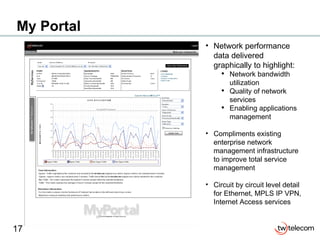 My Portal Network performance data delivered graphically to highlight: Network bandwidth utilization Quality of network services Enabling applications management Compliments existing enterprise network management infrastructure to improve total service management Circuit by circuit level detail for Ethernet, MPLS IP VPN, Internet Access services 