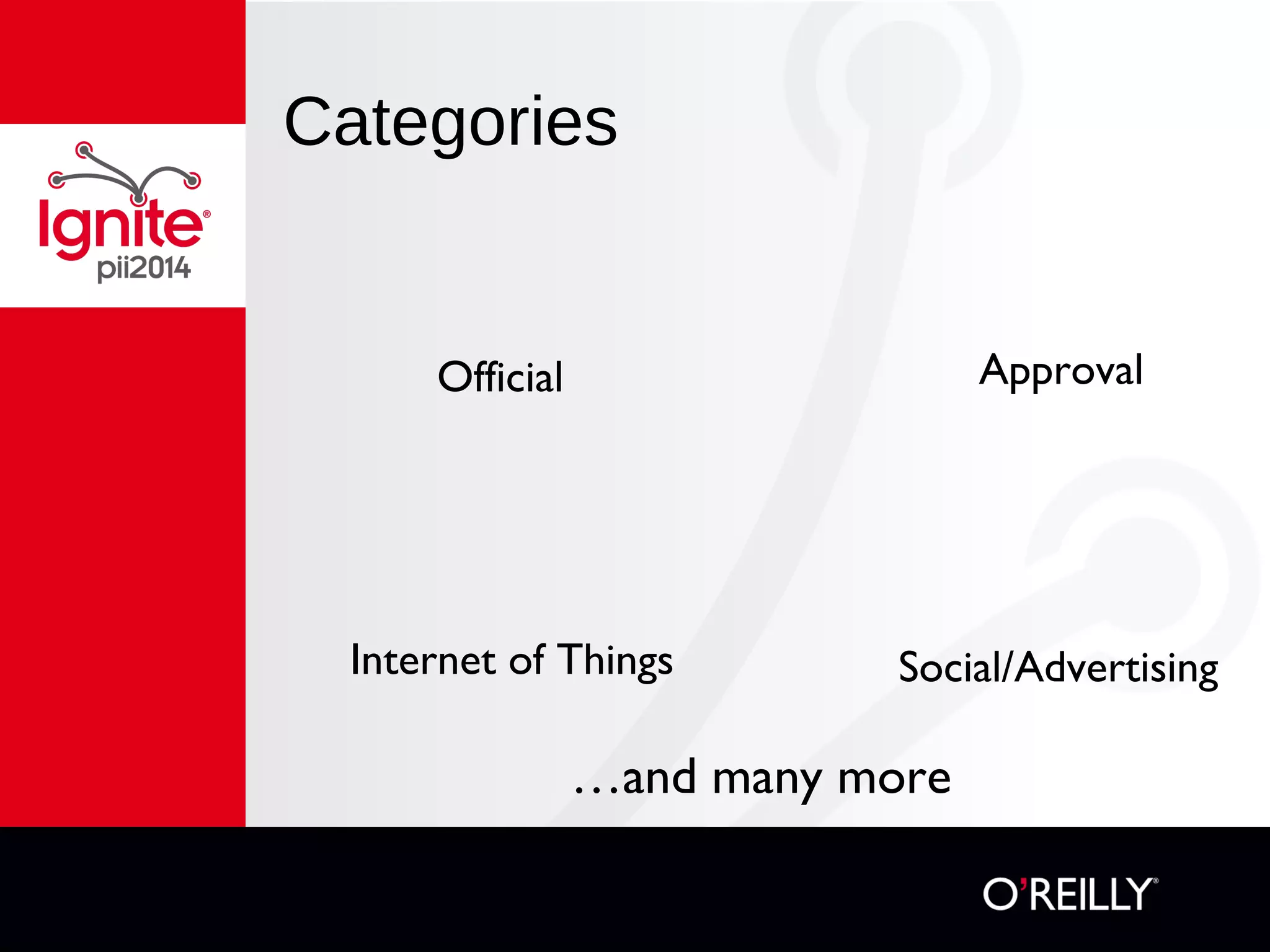 Categories
Ofﬁcial Approval
Internet of Things Social/Advertising
…and many more
 