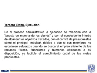 Tercera Etapa. Ejecución
En el proceso administrativo la ejecución se relaciona con la
"puesta en marcha de los planes" y con el consecuente interés
de alcanzar los objetivos trazados, con el comité de presupuestos
como el principal impulsar, debido a que si sus miembros no
escatiman esfuerzos cuando se busca el empleo eficiente de los
recursos físicos, financieros y humanos colocados a su
disposición, es factible el cumplimiento cabal de las metas
propuestas.
 
