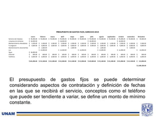 El presupuesto de gastos fijos se puede determinar
considerando aspectos de contratación y definición de fechas
en las que se recibirá el servicio, conceptos como el teléfono
que puede ser tendiente a variar, se define un monto de mínimo
constante.
 