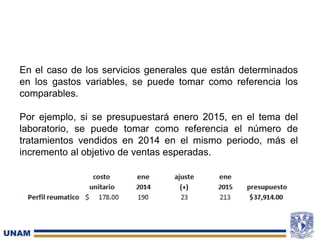 En el caso de los servicios generales que están determinados
en los gastos variables, se puede tomar como referencia los
comparables.
Por ejemplo, si se presupuestará enero 2015, en el tema del
laboratorio, se puede tomar como referencia el número de
tratamientos vendidos en 2014 en el mismo periodo, más el
incremento al objetivo de ventas esperadas.
 