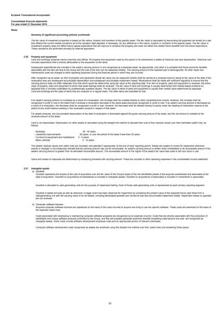 Ecobank Transnational Incorporated
Consolidated financial statements
For year ended 31 December 2014
Notes
Summary of significant accounting policies (continued)
2.20 Property and equipment
- Buildings 25 - 40 years
- Leasehold improvements 25 years, or over the period of the lease if less than 25 years
- Furniture & equipment and installations 3 - 5 years
- Motor vehicles 3 - 10 years
2.21 Intangible assets
a) Goodwill
b) Computer software licences
If an asset’s carrying amount is increased as a result of a revaluation, the increase shall be credited directly to other comprehensive income. However, the increase shall be
recognized in profit or loss to the extent that it reverses a revaluation decrease of the same asset previously recognized in profit or loss. If an asset’s carrying amount is decreased as
a result of a revaluation, the decrease shall be recognized in profit or loss. However, the decrease shall be debited directly to equity under the heading of revaluation reserve to the
extent of any credit balance existing in the revaluation surplus in respect of that asset.
For assets revalued, any accumulated depreciation at the date of revaluation is eliminated against the gross carrying amount of the asset, and the net amount is restated to the
revalued amount of the asset.
The fair value of investment properties is based on the nature, location and condition of the specific asset. The fair value is calculated by discounting the expected net rentals at a rate
that reflects the current market conditions as of the valuation date adjusted, if necessary, for any difference in the nature, location or condition of the specific asset. The fair value of
investment property does not reflect future capital expenditure that will improve or enhance the property and does not reflect the related future benefits from this future expenditure.
These valuations are performed annually by external appraisers.
Land and buildings comprise mainly branches and offices. All property and equipment used by the parent or its subsidiaries is stated at historical cost less depreciation. Historical cost
includes expenditure that is directly attributable to the acquisition of the items.
Subsequent expenditures are included in the asset’s carrying amount or are recognized as a separate asset, as appropriate, only when it is probable that future economic benefits
associated with the item will flow to the Group and the cost of the item can be measured reliably. The carrying amount of the replaced part is derecognized. All other repair and
maintenance costs are charged to other operating expenses during the financial period in which they are incurred.
After recognition as an asset, an item of property and equipment whose fair value can be measured reliably shall be carried at a revalued amount, being its fair value at the date of the
revaluation less any subsequent accumulated depreciation and subsequent accumulated impairment losses. Revaluations shall be made with sufficient regularity to ensure that the
carrying amount does not differ materially from that which would be determined using fair value at the reporting date. If an item of property, plant and equipment is revalued, the entire
class of property, plant and equipment to which that asset belongs shall be revalued. The fair value of land and buildings is usually determined from market-based evidence by
appraisal that is normally undertaken by professionally qualified valuers. The fair value of items of plant and equipment is usually their market value determined by appraisal.
Land and buildings are the class of items that are revalued on a regular basis. The other items are evaluated at cost.
Goodwill represents the excess of the cost of acquisition over the fair value of the Group's share of the net identifiable assets of the acquired subsidiaries and associates at the
date of acquisition. Goodwill on acquisitions of subsidiaries is included in intangible assets. Goodwill on acquisitions of associates is included in investments in associates.
Goodwill is allocated to cash-generating units for the purpose of impairment testing. Each of those cash-generating units is represented by each primary reporting segment.
Goodwill is tested annually as well as whenever a trigger event has been observed for impairment by comparing the present value of the expected future cash flows from a
cashgenerating unit with the carrying value of its net assets, including attributable goodwill and carried at cost less accumulated impairment losses. Impairment losses on goodwill
are not reversed.
Acquired computer software licences are capitalized on the basis of the costs incurred to acquire and bring to use the specific software. These costs are amortized on the basis of
the expected useful lives.
Costs associated with developing or maintaining computer software programs are recognized as an expense incurred. Costs that are directly associated with the production of
identifiable and unique software products controlled by the Group, and that will probably generate economic benefits exceeding costs beyond one year, are recognized as
intangible assets. Direct costs include software development employee costs and an appropriate portion of relevant overheads.
Computer software development costs recognized as assets are amortized using the straight-line method over their useful lives (not exceeding three years).
Land is not depreciated. Depreciation on other assets is calculated using the straight-line method to allocate their cost to their residual values over their estimated useful lives, as
follows:
The assets' residual values and useful lives are reviewed, and adjusted if appropriate, at the end of each reporting period. Assets are subject to review for impairment whenever
events or changes in circumstances indicate that the carrying amount may not be recoverable. An asset's carrying amount is written down immediately to its recoverable amount if the
asset's carrying amount is greater than its estimated recoverable amount. The recoverable amount is the higher of the asset's fair value less costs to sell and value in use.
Gains and losses on disposals are determined by comparing proceeds with carrying amount. These are included in other operating expenses in the consolidated income statement.
13
 