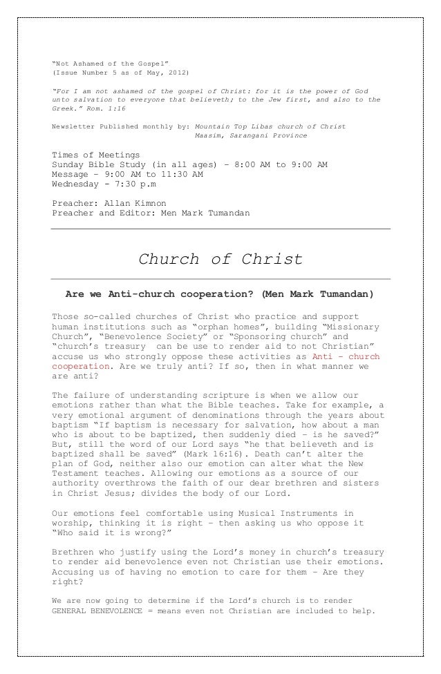 “Not Ashamed of the Gospel”
(Issue Number 5 as of May, 2012)
“For I am not ashamed of the gospel of Christ: for it is the ...