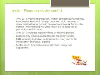 o 1990-2010: market liberalization, Indian companies increasingly
launched operations in foreign countries, India became a
major destination for generic drug manufacture & Approval of
Patents (Amendment) Act 2005 which led to adoption of
product patents in India
o After 2010: increase in patent filing by Pharma players
o Expansion by Indian players abroad, especially Africa
o R&D spending by Indian multinationals is rising due to the
introduction of product patents
o Sector driven by confluence of demand, policy and
capabilities
India – Pharma Industry cont’d
 