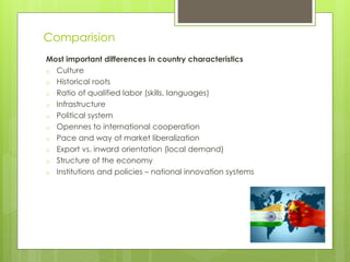 Most important differences in country characteristics
o Culture
o Historical roots
o Ratio of qualified labor (skills, languages)
o Infrastructure
o Political system
o Opennes to international cooperation
o Pace and way of market liberalization
o Export vs. inward orientation (local demand)
o Structure of the economy
o Institutions and policies – national innovation systems
Comparision
 