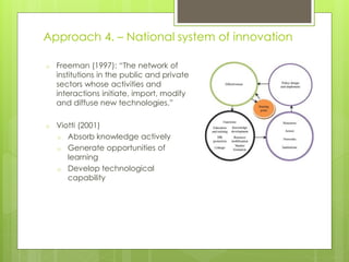 o Freeman (1997): “The network of
institutions in the public and private
sectors whose activities and
interactions initiate, import, modify
and diffuse new technologies.”
o Viotti (2001)
o Absorb knowledge actively
o Generate opportunities of
learning
o Develop technological
capability
Approach 4. – National system of innovation
 