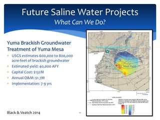 Future Saline Water Projects
What Can We Do?
12
Yuma Brackish Groundwater
Treatment of Yuma Mesa
 USGS estimates 600,000 to 800,000
acre-feet of brackish groundwater
 Estimated yield: 40,000 AFY
 Capital Cost: $132M
 Annual O&M: $1.7M
 Implementation: 7-9 yrs
Black & Veatch 2014
Yuma Desalination Plant
Well Field
 