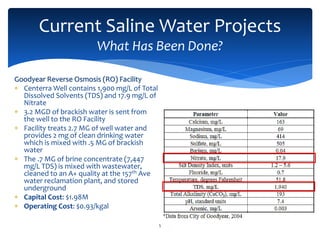 5
Current Saline Water Projects
What Has Been Done?
Goodyear Reverse Osmosis (RO) Facility
 Centerra Well contains 1,900 mg/L of Total
Dissolved Solvents (TDS) and 17.9 mg/L of
Nitrate
 3.2 MGD of brackish water is sent from
the well to the RO Facility
 Facility treats 2.7 MG of well water and
provides 2 mg of clean drinking water
which is mixed with .5 MG of brackish
water
 The .7 MG of brine concentrate (7,447
mg/L TDS) is mixed with wastewater,
cleaned to an A+ quality at the 157th Ave
water reclamation plant, and stored
underground
 Capital Cost: $1.98M
 Operating Cost: $0.93/kgal
 
