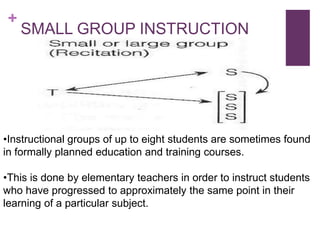 +

SMALL GROUP INSTRUCTION

•Instructional groups of up to eight students are sometimes found
in formally planned education and training courses.
•This is done by elementary teachers in order to instruct students
who have progressed to approximately the same point in their
learning of a particular subject.

 