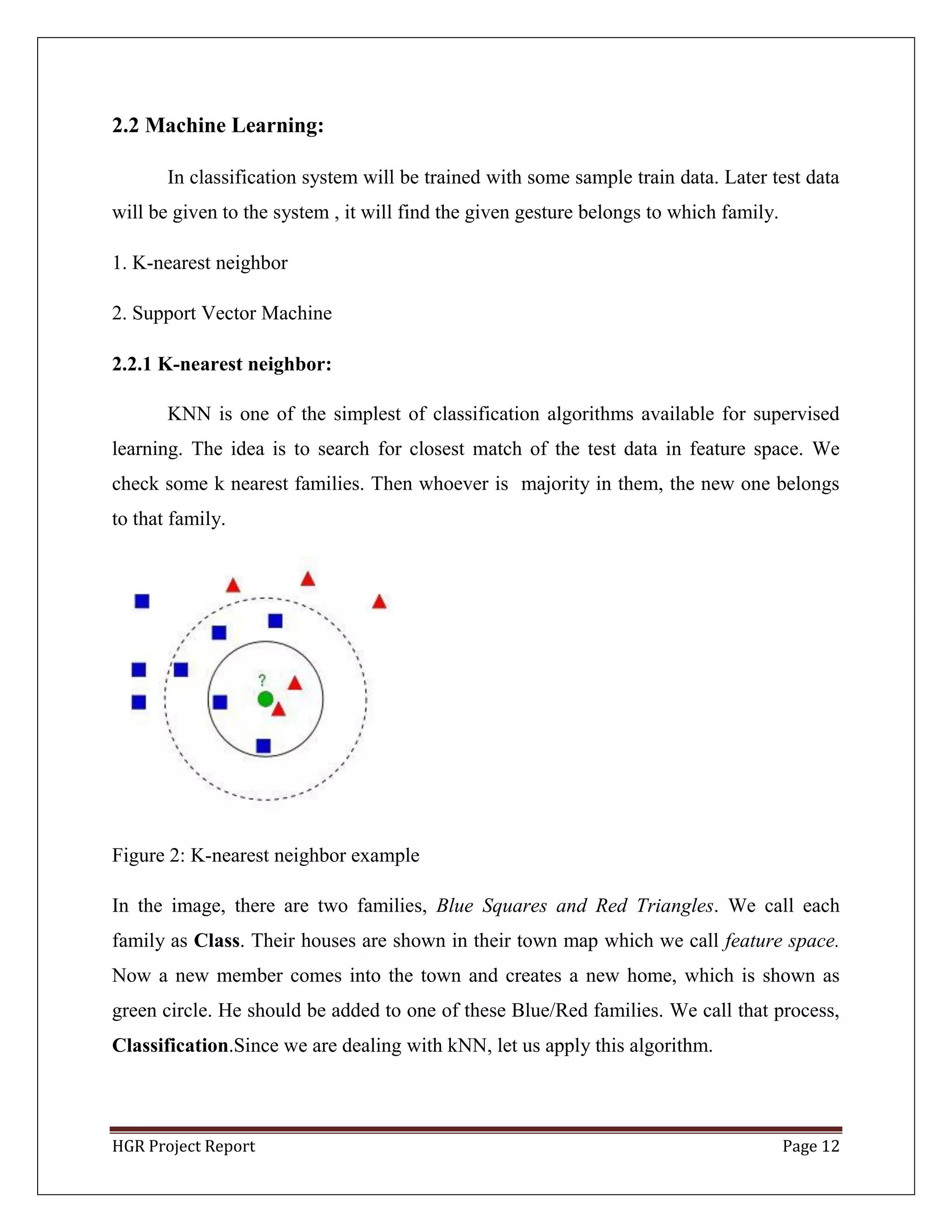 HGR Project Report Page 12
2.2 Machine Learning:
In classification system will be trained with some sample train data. Later test data
will be given to the system , it will find the given gesture belongs to which family.
1. K-nearest neighbor
2. Support Vector Machine
2.2.1 K-nearest neighbor:
KNN is one of the simplest of classification algorithms available for supervised
learning. The idea is to search for closest match of the test data in feature space. We
check some k nearest families. Then whoever is majority in them, the new one belongs
to that family.
Figure 2: K-nearest neighbor example
In the image, there are two families, Blue Squares and Red Triangles. We call each
family as Class. Their houses are shown in their town map which we call feature space.
Now a new member comes into the town and creates a new home, which is shown as
green circle. He should be added to one of these Blue/Red families. We call that process,
Classification.Since we are dealing with kNN, let us apply this algorithm.
 
