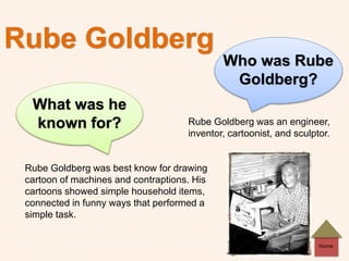 Rube Goldberg
Who was Rube
Goldberg?
Rube Goldberg was an engineer,
inventor, cartoonist, and sculptor.
What was he
known for?
Rube Goldberg was best know for drawing
cartoon of machines and contraptions. His
cartoons showed simple household items,
connected in funny ways that performed a
simple task.
Home
 