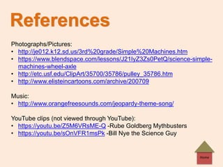 Home
References
Photographs/Pictures:
• http://je012.k12.sd.us/3rd%20grade/Simple%20Machines.htm
• https://www.blendspace.com/lessons/J21IyZ3Zs0PetQ/science-simple-
machines-wheel-axle
• http://etc.usf.edu/ClipArt/35700/35786/pulley_35786.htm
• http://www.elisteincartoons.com/archive/200709
Music:
• http://www.orangefreesounds.com/jeopardy-theme-song/
YouTube clips (not viewed through YouTube):
• https://youtu.be/Z5M6VRsME-Q -Rube Goldberg Mythbusters
• https://youtu.be/sOnVFR1msPk -Bill Nye the Science Guy
 