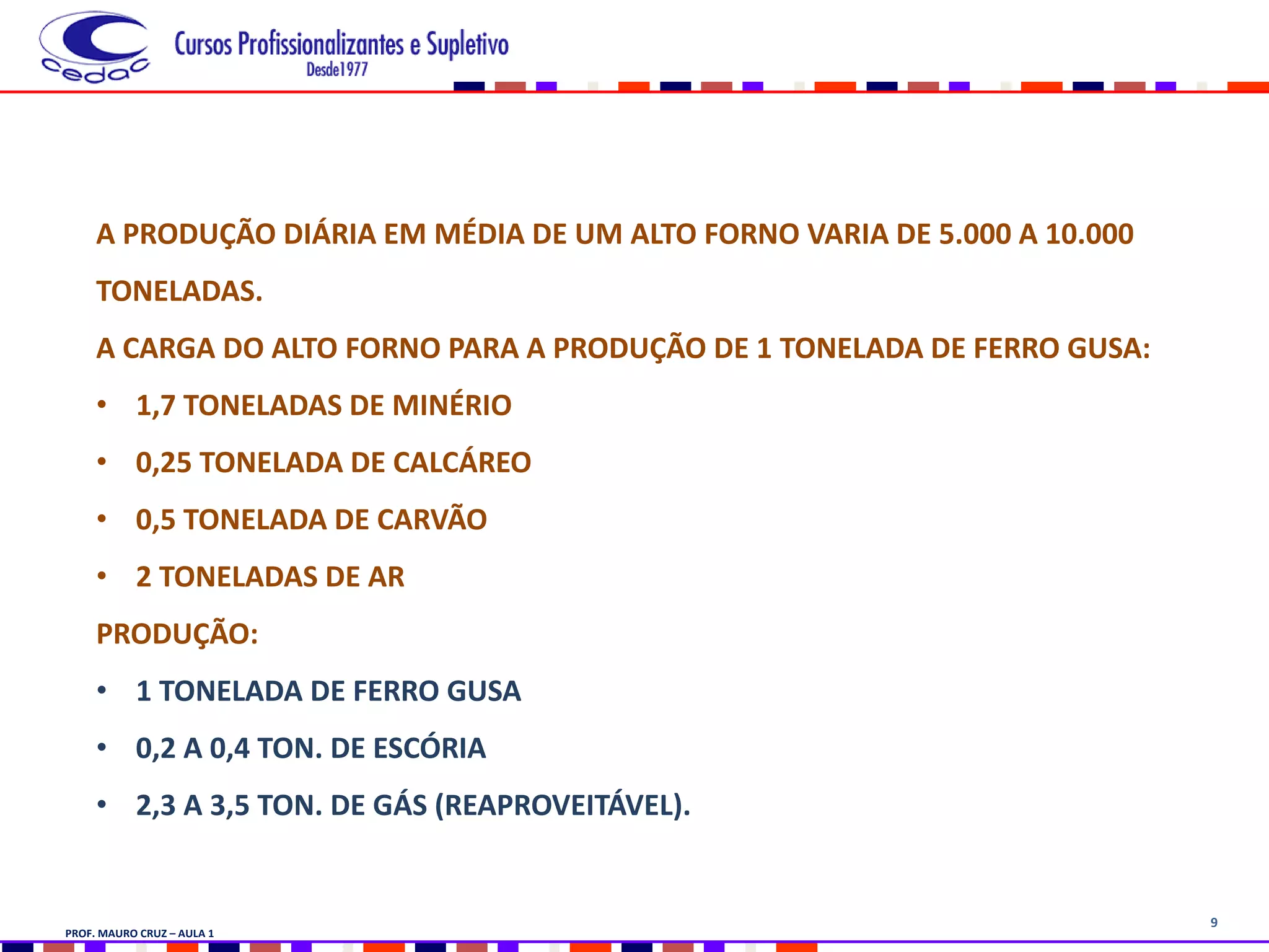 9
A PRODUÇÃO DIÁRIA EM MÉDIA DE UM ALTO FORNO VARIA DE 5.000 A 10.000
TONELADAS.
A CARGA DO ALTO FORNO PARA A PRODUÇÃO DE 1 TONELADA DE FERRO GUSA:
• 1,7 TONELADAS DE MINÉRIO
• 0,25 TONELADA DE CALCÁREO
• 0,5 TONELADA DE CARVÃO
• 2 TONELADAS DE AR
PRODUÇÃO:
• 1 TONELADA DE FERRO GUSA
• 0,2 A 0,4 TON. DE ESCÓRIA
• 2,3 A 3,5 TON. DE GÁS (REAPROVEITÁVEL).
PROF. MAURO CRUZ – AULA 1
 