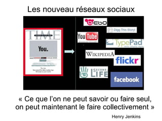 « Ce que l’on ne peut savoir ou faire seul, on peut maintenant le faire collectivement » Henry Jenkins Les nouveau réseaux sociaux 