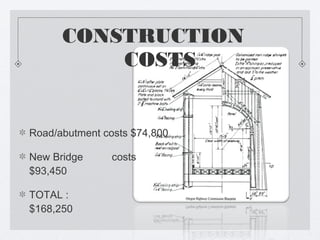CONSTRUCTION
          COSTS


Road/abutment costs $74,800

New Bridge      costs
$93,450

TOTAL :
$168,250
 