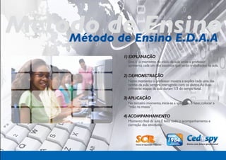 Método deEnsino E.D.A.A
    Método de
              Ensino
            1) EXPLANAÇÃO
             Este é o momento do início da aula onde o professor
             apresenta cada um dos assuntos que serão trabalhados na aula.

            2) DEMONSTRAÇÃO
             Neste momento o professor mostra e explica cada uma das
             tarefas da aula, sempre interagindo com os alunos.As duas
             primeiras etapas da aula duram 1/3 do tempo total.

            3) APLICAÇÃO
             No terceiro momento, inicia-se a aplicação, o fazer, colocar a
             “mão na massa”.

            4) ACOMPANHAMENTO
             Momento final da aula. É feito todo o acompanhamento e
             correção das atividades.
 