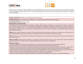 24
De igual manera el compromiso colectivo también recae en la identificación de las situaciones y los riesgos por los cuales las y los jóvenes se pueden
sentir amenazadas/os, y de esta manera construir un conjunto de estrategias que desde la prevención y la autoprotección contribuyan a la mitigación
de esta problemática.
ENTIDAD PARTICIPANTE: Red Afecto contra el Maltrato Infantil de Manizales
NOMBRE EXPERIENCIA: Clínica del Maltrato Infantil (Director: Carlos Alberto Montoya Marín, Pediatra “Afectólogo”).
CIUDAD/DEPARTAMENTO: Manizales - Caldas
BREVE RESEÑA DE LA ORGANIZACIÓN.
La Red Afecto lleva 22 años de trabajo ininterrumpido y la estrategia “Machos afectivos” difundida por la Red, lleva 12 años desde su creación en el
primer congreso de machos afectivos. Es una estrategia de coordinación interinstitucional, intersectorial, interdisciplinaria y comunitaria, compuesta
por más de 15 instituciones, con el fin de realizar acciones académicas y comunitarias, buscando intervenir de manera eficiente y eficaz en la
problemática del maltrato infantil y el abuso sexual y la promoción del buen trato y el afecto, en Manizales y la región cafetera (departamentos de
Caldas, Risaralda y Quindío).
Misión. Realizar acciones orientadas a la prevención, atención del maltrato infantil y abuso sexual infantil y promover el buen trato y el afecto, disminuir
la violencia intrafamiliar y contra la mujer, mediante, un trabajo interinstitucional e intersectorial en Manizales y la región.
Visión. Potenciar al máximo el desarrollo de la población infantil de Manizales y de la región, libre de maltrato infantil y abuso sexual y promover el
buen trato y el afecto.
Enfoque Estratégico. Realizar acciones orientadas a la prevención, atención del maltrato infantil y abuso sexual infantil, violencia intrafamiliar y
promover el buen trato y el afecto mediante, un trabajo interinstitucional e intersectorial e interdisciplinario.
Objetivos Estratégicos:
* Promover el trabajo interinstitucional e interdisciplinario concertado alrededor de la prevención y atención de ésta problemática.
* Desarrollar planes de acción conjunto a favor de niñas, niños y jóvenes víctimas de maltrato infantil y abuso sexual.
* Maximizar el uso de recursos humanos y económicos que apoyen las causas de la niñez y la prevención de la violencia intrafamiliar y sobre la mujer.
* Promover la solución pacífica de los conflictos al interior de las familias de la región, fortaleciendo el papel del hombre como macho afectivo.
* Realizar la clínica de maltrato infantil, concebida como una reunión interdisciplinaria e intersectorial, de carácter mensual para la discusión académica
y humana de casos de maltrato y abuso infantil, violencia intrafamiliar, violencia contra la mujer, así como su prevención.
* Generar acciones cívicas y comunitarias alrededor del buen trato y la fuerte promoción del afecto.
* Participar en eventos académicos nacionales e internacionales relacionados con la temática a fin de compartir e intercambiar experiencias.
 