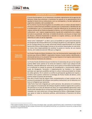 46
DESCRIPCIÓN DE LAEXPERIENCIA
ANTECEDENTES
El punto focal de género, es un mecanismo concebido originalmente de las agencias de
Naciones Unidas para promover y monitorear los avances en la operativización de la
equidad al interior de sus instituciones y con sus contrapartes; y ha sido replicado por
organismos estatales y de la sociedad civil.
Por lo anterior el punto focal de género es concebido como un enlace ubicado desde la
estructura institucional que posibilita la apuesta por la comprensión e identificación de
la problemática y por su reconocimiento y atención diferencial en los servicios de las
mujeres víctimas de las Violencias Basadas en Género, con el fin de fortalecer el modelo
institucional y así mejorar progresivamente el grado del cumplimiento de su objeto.
Con esto no se pretende reformular el modelo de atención, sino buscar un mayor nivel
de eficacia y eficiencia focalizando la atención en mujeres víctimas y con ello tener
referentes en cada una de las regionales.
OBJETIVO GENERAL
Actuar como "catalizador"26
, es decir, que su rol posibilite ser sujeto activo del proceso
de apropiación del enfoque diferencial y el enfoque de género en cada regional, además
de ser el enlace directo con la sede central del Instituto específicamente con el Grupo
Nacional de Clínica y Odontología Forenses en las acciones relacionadas con este tema.
Así mismo tiene responsabilidad de coordinar la puesta en marcha, de una manera
efectiva, del modelo de atención VBG para su Regional.
POBLACIÓN
IMPACTADA
Los Puntos Focales de Género fortalecen a los y las funcionarios/as responsables de los
servicios que ofrece el INMLCF, mejorando el acceso al sector justicia, identificando y
eliminando barreras en la actuación forense que impacta en las mujeres sobrevivientes
de los diversos fenómenos de violencia.
COMPONENTES O
LÍNEAS DE TRABAJO
Los Puntos Focales de Género buscan transformar el estereotipo de que son las mujeres
quienes deben tener asiento en los temas de violencia y todo lo que subyace de ello
(derechos, atención diferencial entre otros), por lo tanto se inicia dicha transformación
en la Institución en donde los procesos de sensibilización y concienciación (dados a
través de divulgación, formación e implementación) los hombres y las mujeres
participan por igual para posibilitar permear la cultura institucional desde las miradas
de ambos géneros. Por lo anterior se verifica la participación igualitaria de mujeres y
hombres tanto quienes conforman la estrategia de Puntos Focales de Género, como
quienes asisten al proceso de formación.
Para ello el Punto Focal de Género tiene constantemente un buen contacto con los
procesos de apropiación del enfoque como política institucional y ser el referente en el
tema en la Regional que representa.
Cada Punto Focal está integrado por cuatro personas: dos personas en la asistencia,
para asegurar la incorporación del enfoque de género desde el ingreso de la usuaria y
dos personas en el área de atención de clínica con responsabilidad operacional, estos
puntos están ubicados dos en el área central de la regional y dos en el área rural y están
enlazados con nivel central por el Grupo Nacional de Clínica y Odontología Forenses
que apoya en todas las decisiones políticas, administrativas y financieras de dichos
Puntos.
26 Real academia española: Persona o cosa que aviva y da empuje a algo, o que atrae y agrupa fuerzas, ideas o sentimientos: el nuevo fichaje se
ha convertido en el catalizador de todo su equipo, diccionario de la real academia Persona que, con su presencia o intervención, es capaz de hacer
reaccionar un conjunto de factores.
 