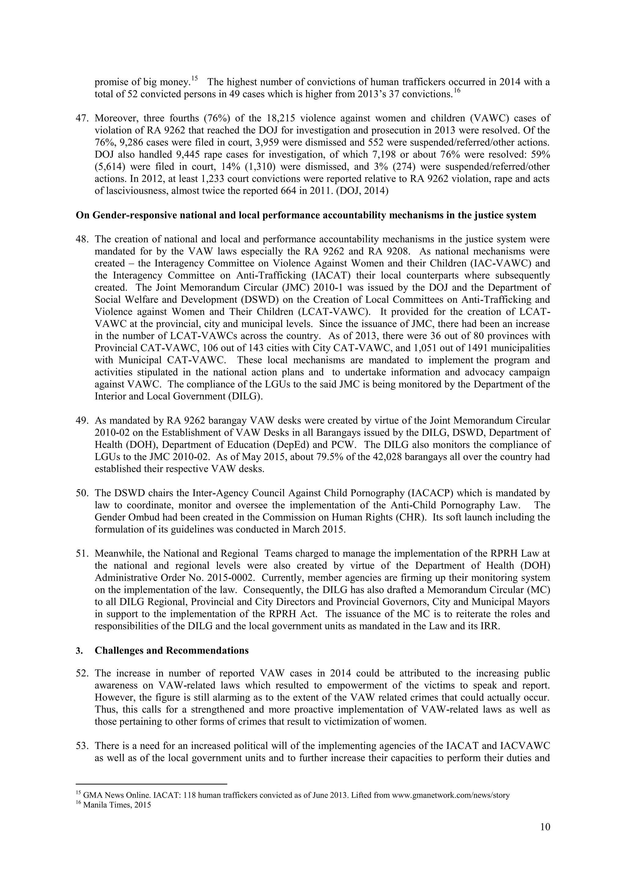 10
promise of big money.15
The highest number of convictions of human traffickers occurred in 2014 with a
total of 52 convicted persons in 49 cases which is higher from 2013’s 37 convictions.16
47. Moreover, three fourths (76%) of the 18,215 violence against women and children (VAWC) cases of
violation of RA 9262 that reached the DOJ for investigation and prosecution in 2013 were resolved. Of the
76%, 9,286 cases were filed in court, 3,959 were dismissed and 552 were suspended/referred/other actions.
DOJ also handled 9,445 rape cases for investigation, of which 7,198 or about 76% were resolved: 59%
(5,614) were filed in court, 14% (1,310) were dismissed, and 3% (274) were suspended/referred/other
actions. In 2012, at least 1,233 court convictions were reported relative to RA 9262 violation, rape and acts
of lasciviousness, almost twice the reported 664 in 2011. (DOJ, 2014)
On Gender-responsive national and local performance accountability mechanisms in the justice system
48. The creation of national and local and performance accountability mechanisms in the justice system were
mandated for by the VAW laws especially the RA 9262 and RA 9208. As national mechanisms were
created – the Interagency Committee on Violence Against Women and their Children (IAC-VAWC) and
the Interagency Committee on Anti-Trafficking (IACAT) their local counterparts where subsequently
created. The Joint Memorandum Circular (JMC) 2010-1 was issued by the DOJ and the Department of
Social Welfare and Development (DSWD) on the Creation of Local Committees on Anti-Trafficking and
Violence against Women and Their Children (LCAT-VAWC). It provided for the creation of LCAT-
VAWC at the provincial, city and municipal levels. Since the issuance of JMC, there had been an increase
in the number of LCAT-VAWCs across the country. As of 2013, there were 36 out of 80 provinces with
Provincial CAT-VAWC, 106 out of 143 cities with City CAT-VAWC, and 1,051 out of 1491 municipalities
with Municipal CAT-VAWC. These local mechanisms are mandated to implement the program and
activities stipulated in the national action plans and to undertake information and advocacy campaign
against VAWC. The compliance of the LGUs to the said JMC is being monitored by the Department of the
Interior and Local Government (DILG).
49. As mandated by RA 9262 barangay VAW desks were created by virtue of the Joint Memorandum Circular
2010-02 on the Establishment of VAW Desks in all Barangays issued by the DILG, DSWD, Department of
Health (DOH), Department of Education (DepEd) and PCW. The DILG also monitors the compliance of
LGUs to the JMC 2010-02. As of May 2015, about 79.5% of the 42,028 barangays all over the country had
established their respective VAW desks.
50. The DSWD chairs the Inter-Agency Council Against Child Pornography (IACACP) which is mandated by
law to coordinate, monitor and oversee the implementation of the Anti-Child Pornography Law. The
Gender Ombud had been created in the Commission on Human Rights (CHR). Its soft launch including the
formulation of its guidelines was conducted in March 2015.
51. Meanwhile, the National and Regional Teams charged to manage the implementation of the RPRH Law at
the national and regional levels were also created by virtue of the Department of Health (DOH)
Administrative Order No. 2015-0002. Currently, member agencies are firming up their monitoring system
on the implementation of the law. Consequently, the DILG has also drafted a Memorandum Circular (MC)
to all DILG Regional, Provincial and City Directors and Provincial Governors, City and Municipal Mayors
in support to the implementation of the RPRH Act. The issuance of the MC is to reiterate the roles and
responsibilities of the DILG and the local government units as mandated in the Law and its IRR.
3. Challenges and Recommendations
52. The increase in number of reported VAW cases in 2014 could be attributed to the increasing public
awareness on VAW-related laws which resulted to empowerment of the victims to speak and report.
However, the figure is still alarming as to the extent of the VAW related crimes that could actually occur.
Thus, this calls for a strengthened and more proactive implementation of VAW-related laws as well as
those pertaining to other forms of crimes that result to victimization of women.
53. There is a need for an increased political will of the implementing agencies of the IACAT and IACVAWC
as well as of the local government units and to further increase their capacities to perform their duties and
15
GMA News Online. IACAT: 118 human traffickers convicted as of June 2013. Lifted from www.gmanetwork.com/news/story
16
Manila Times, 2015
 