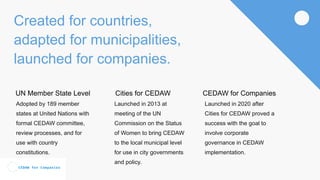 Created for countries,
adapted for municipalities,
launched for companies.
Adopted by 189 member
states at United Nations with
formal CEDAW committee,
review processes, and for
use with country
constitutions.
Launched in 2013 at
meeting of the UN
Commission on the Status
of Women to bring CEDAW
to the local municipal level
for use in city governments
and policy.
Launched in 2020 after
Cities for CEDAW proved a
success with the goal to
involve corporate
governance in CEDAW
implementation.
UN Member State Level Cities for CEDAW CEDAW for Companies
 
